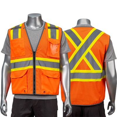 Hi Vis Class 2 3.8 oz. Polyester Reflective Piping Cross Back Safety Vest w/ Dual Mic Tab & 4 Pocket