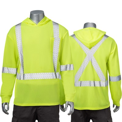 Hi Vis Class 3 - 3.8 Oz. Polyester Segmented Tape Cross Back Safety Hooded Pocket T-Shirt