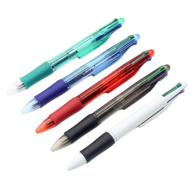 4-in-1 Multicolor Gel Ink Press Action Retractable Ballpoint Pen w/Rubber Grip Section