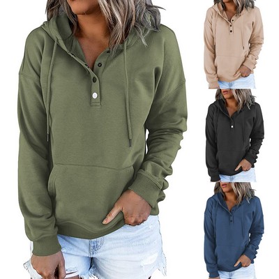 Hooded Button Collar Drawstring Hoodies Pullover Sweatshirts