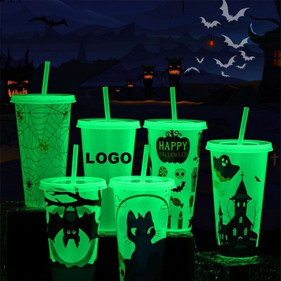 16oz Halloween Glow-in-the-Dark Reusable Cold Drink Cup w/Lid & Straw