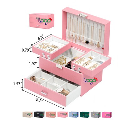 Jewelry Box for Girls Women PU Leather Jewelry Organizer Box 3 Layers Jewelry Gift Box