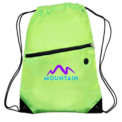 Polyester 210D Drawstring Bag with Zippered Pocket - 13.5"W x 18"H