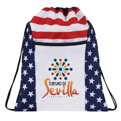 Patriotic Drawstring Backpack w/Zippered Front Pocket