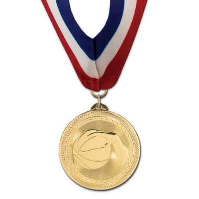 2" Basketball Brite Laser Medal w/ Stock Millennium Neck Ribbon