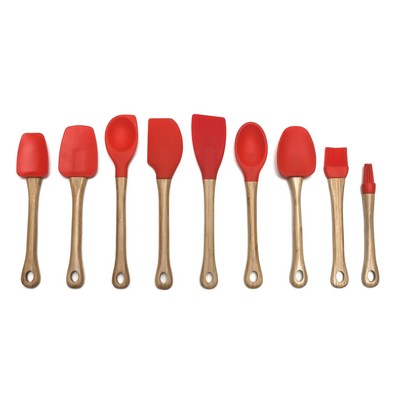 Silicone Red Corner Spoon w/ Bamboo Handle