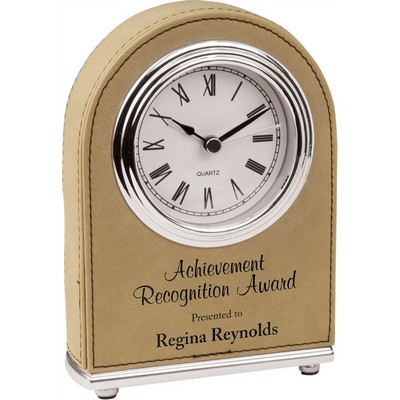 5.5" Light Brown Laserable Leatherette Arch Desk Clock