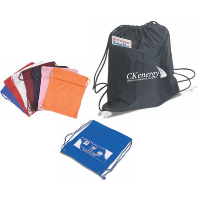 Event-pro deluxe drawstring backpack with front zipper pocket.