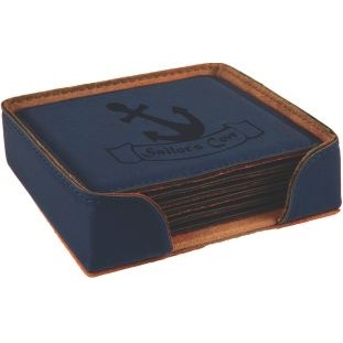 Blue Leatherette Square Coaster Set