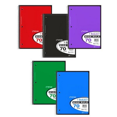 1 Subject Spiral Notebooks - Wide Ruled, 70 Sheets, 5 Colors (Case of