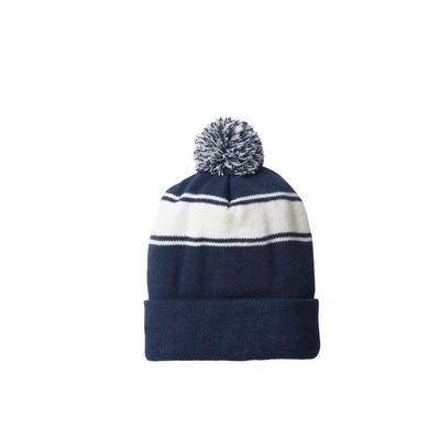 Classic Knit Stripe Beanie w/Pom, NavyWhite