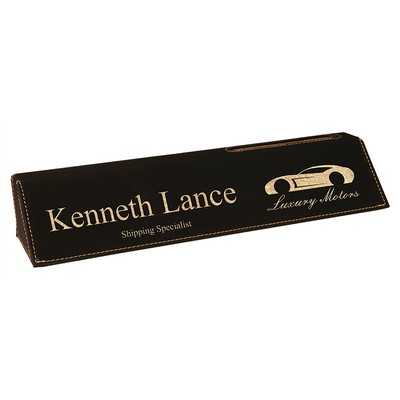 Black-Gold Desk Wedge w/Business Card Slot, Laserable Leatherette, 10-3/4" x 1-7/8" x 2-3/4"