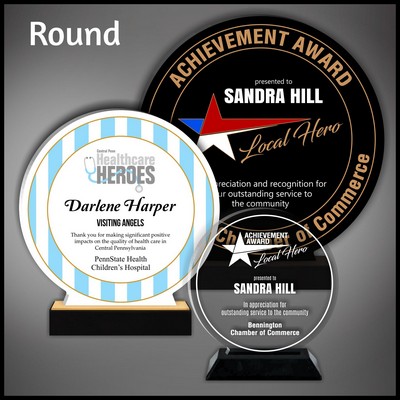 7" Round Clear Budget Line Acrylic Award in a Black Wood Base