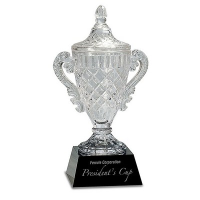 10" Tall Crystal Trophy Cup on Black Glass Base