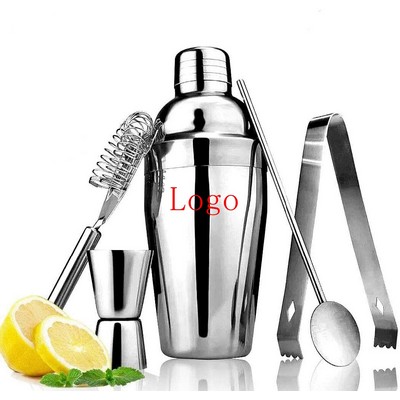 5 Piece Bartender Kit 18.5oz Stainless Steel Cocktail Shaker with Spoon Strainer Jigger Ice Tong