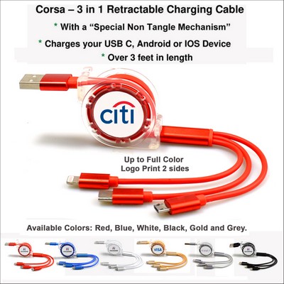 Corsa 3 in 1 Retractable Charging Cable - Red