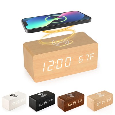 Digital Wooden Alarm Clock with Wireless Charging