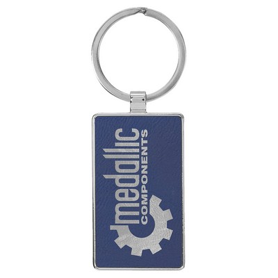 2 3/4" x 1 1/4" Laserable Leatherette/Metal Blue/Silver Rectangle Keychain