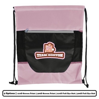 Solid Horizontal Multi-Panel Polyester Drawstring Bag With Front Zip Pocket - Screen Print, Heat Pre