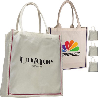 Color Stripe Fancy Web Handle Cotton Canvas Tote Bag w/ Bottom Gusset USA Decorated (15" x 16")