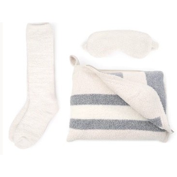 Travel Blanket / Socks / Eye Mask Sets - Rugby Stripe - Champagne / Ivory - 32*48