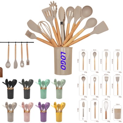 12 Sets Of Wooden Handle Silicone Kitchen Utensils