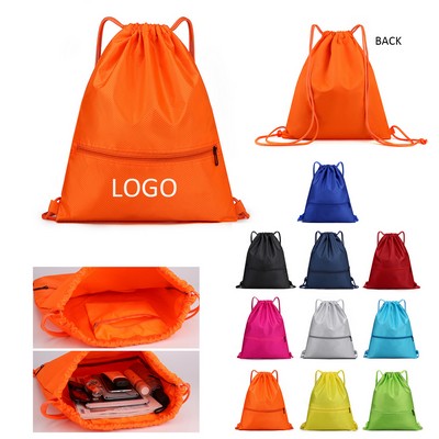 Thick Polyester Drawstring Backpack With Zipper Pocket