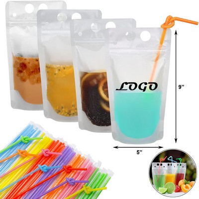 MOQ 100 Pcs 16 Oz Stand-Up Drink Pouches W/ Straws