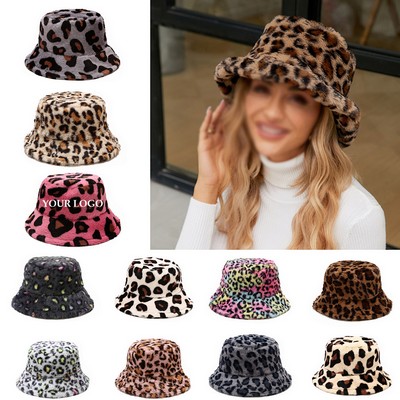 Furry Winter Faux Fur Warm Leopard Print Bucket Hat