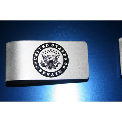 1" x 2" Aluminum Money Clip with a Die Struck, Color Filled Imprint. Made in the USA.