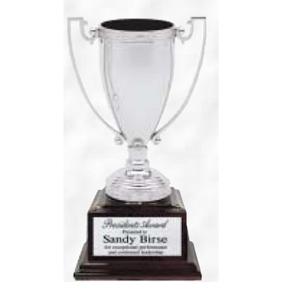 10 3/4" Silver Loving Trophy Cup w/ Mahogany Piano Finish Wood Base