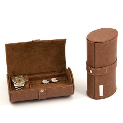 Tan Leather Travel Watch & Cufflink Case