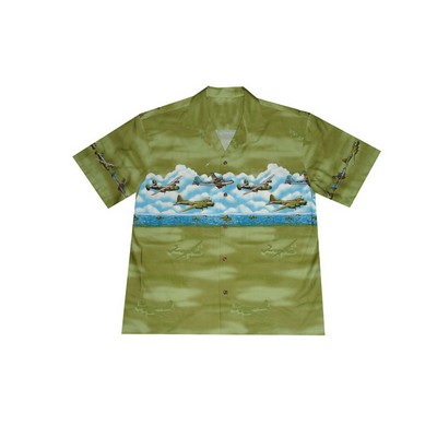 Hawaiian Tropical Military Border Print Cotton Shirt / Airplanes - Circa WWII