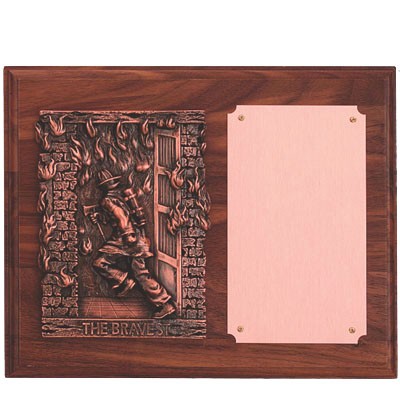 Walnut Finish Plaque w/Antique Brass Fire Fighter & Brass Engraving Plate