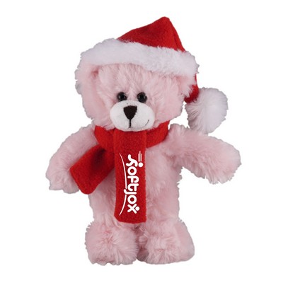 Soft Plush Stuffed Pink Bear with Christmas Hat and Scarf