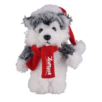 Soft Plush Stuffed Husky with Christmas Hat and Scarf