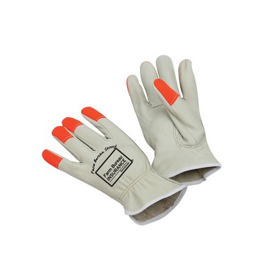 Cow grain, leather trucker's glove, safety orange finger tips, keystone thumb