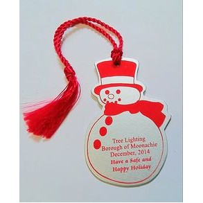 Snowman shaped Ornament with a screen printed imprint and an assembled tassel/string