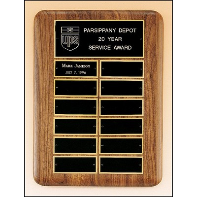 American Walnut Perpetual Plaque w/12 Black Brass Plates & Rounded Corners (11"x 15")