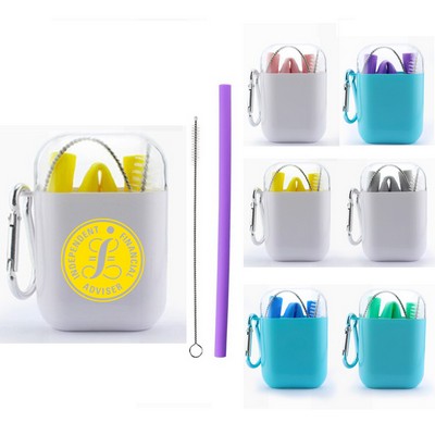 Collapsible Silicone Straw Set W/ Brush. Comes In Handy Case W/ Carabiner