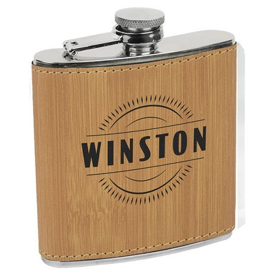 Stainless Steel Flask with Bamboo Color Faux Leather, Engraved, 6 oz