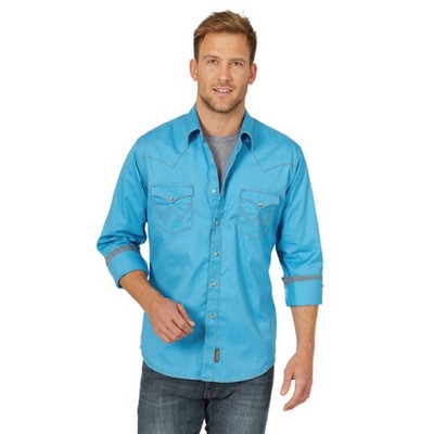 Wrangler® Men's Blue Contrast Trim Western Two Snap Flap Pocket Shirt