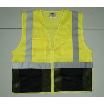 Premium Ansi Class 2 - Black Bottom, Zip Up, Mesh Vest With 4 Pockets