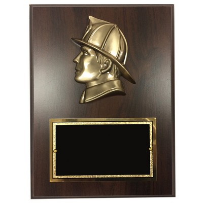 Small Fireman Head Walnut Finish Plaque (6" x 8")