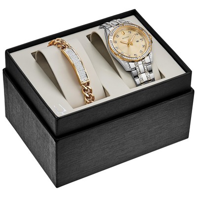 Bulova Men's Two Tone Crystal Boxed Set with ID Bracelet