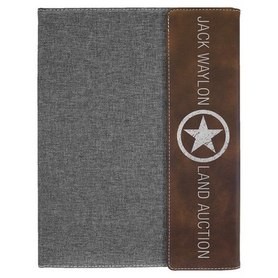 9 1/2"x12" Rustic/Silver Laserable Leatherette/Gray Canvas Portfolio w/Notepad