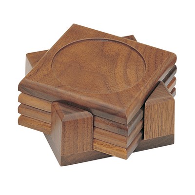 Four Piece Walnut Finish Coaster Set w/Holder