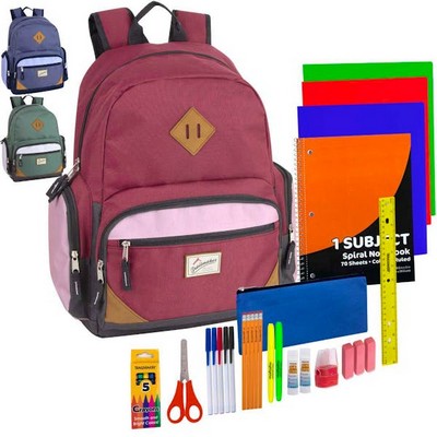 19 Backpacks - 3 Colors, with 30 Piece School Supply Kits (Case of 12)