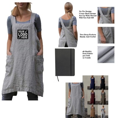 Women's Cotton Linen Apron-Cross Back & Pockets for Cooking