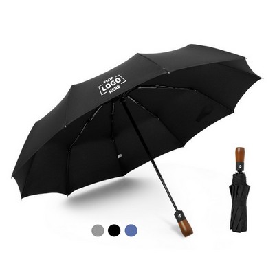 Windproof Folding Umbrella with Wooden Handle